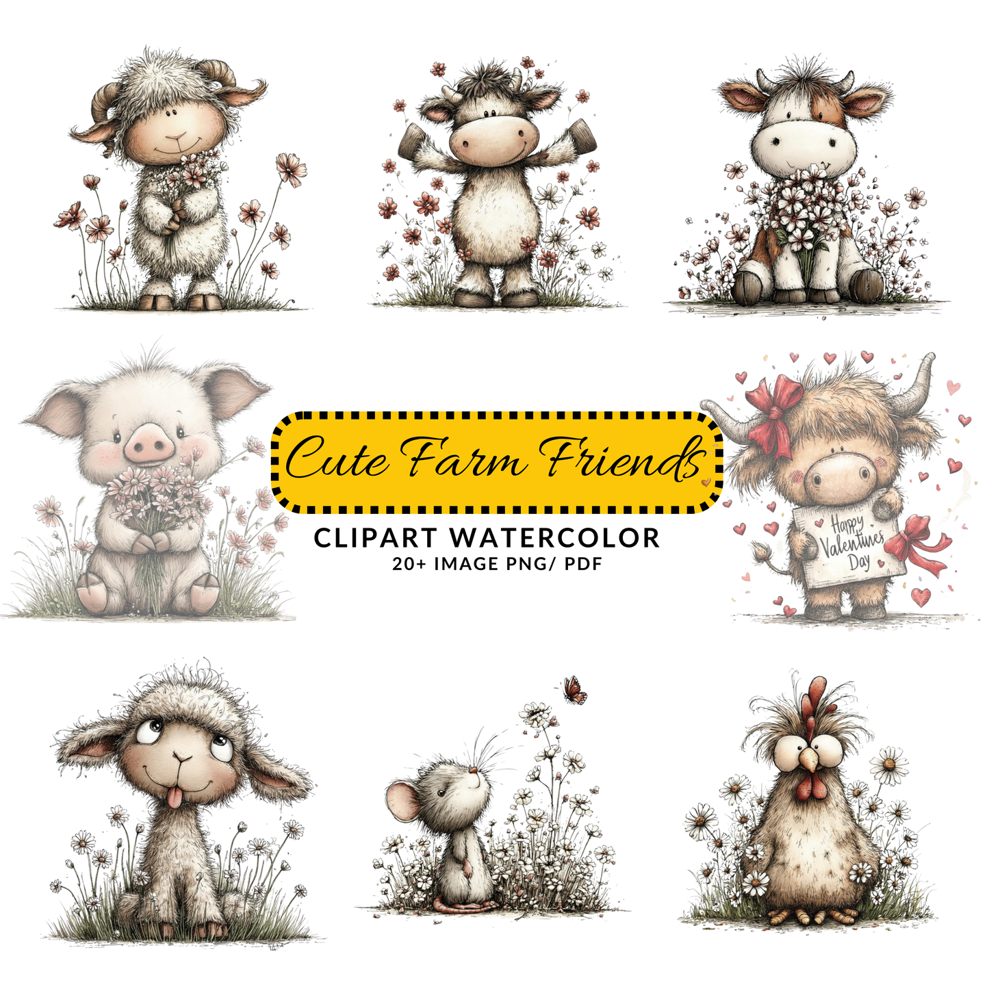 Cute Farm Cow Clipart | Whimsical Spring Meadow JPG Bundle | Digital Download