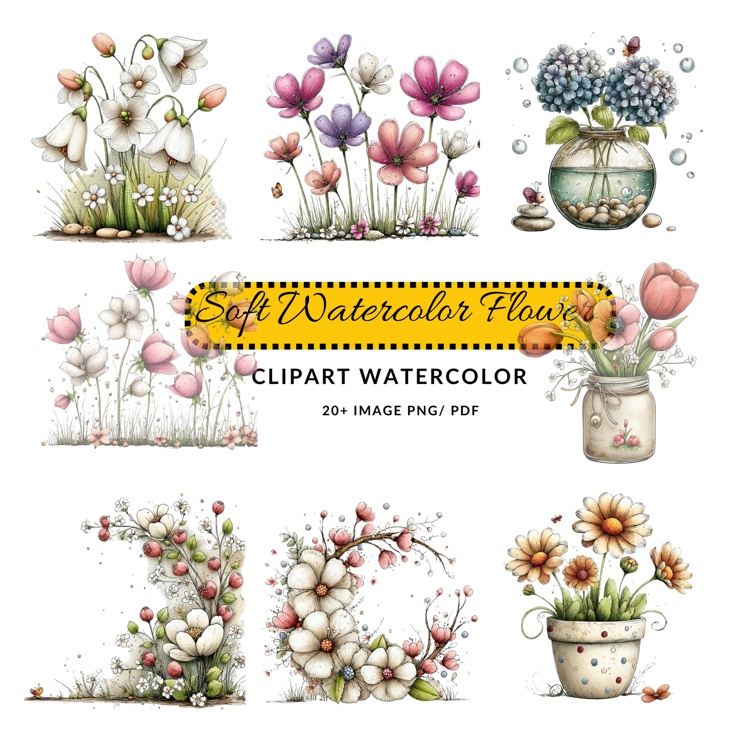 Watercolor Flower Clipart | Daisy Rose Lavender JPG Set | Botanical Digital Download