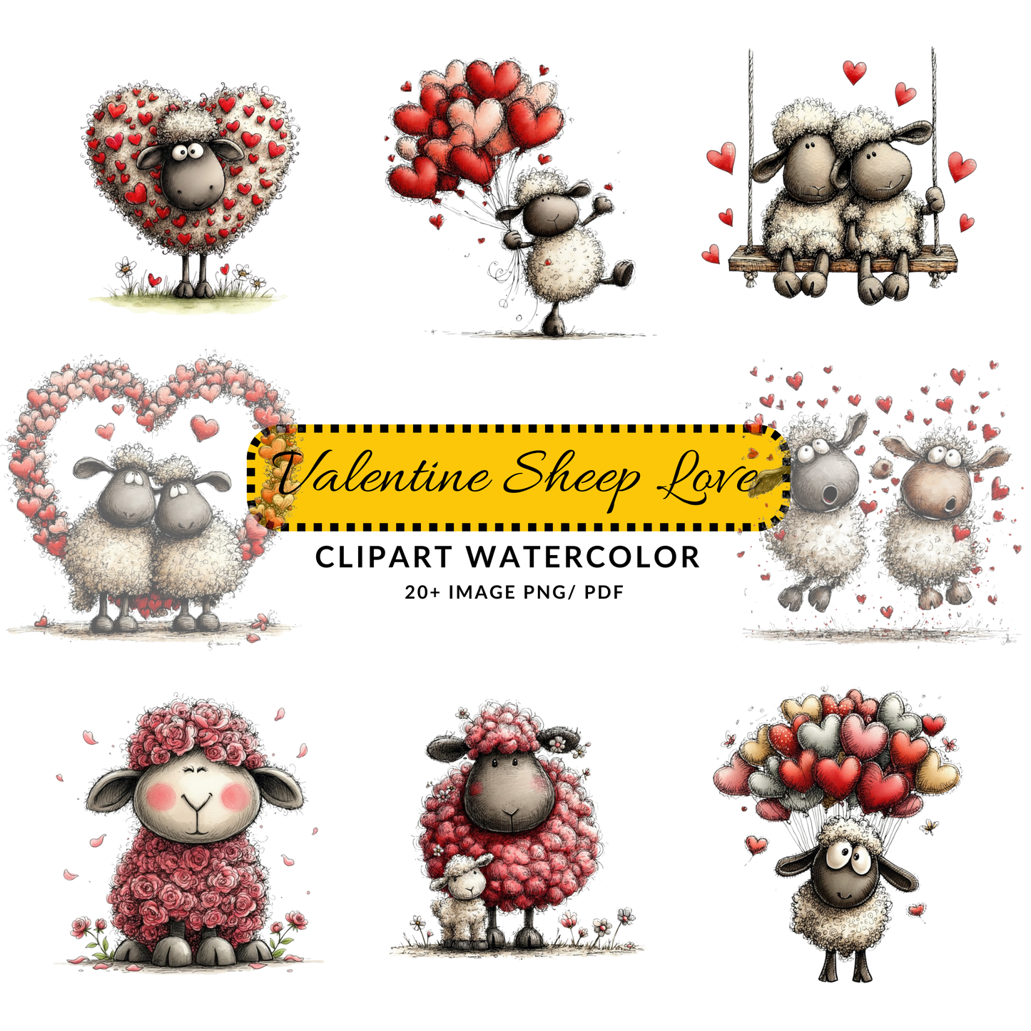 Valentine Sheep Clipart JPG | Cute Sheep with Hearts | Digital Download
