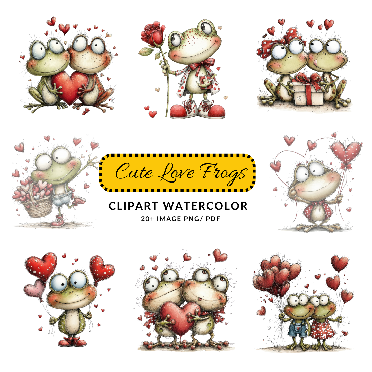 Valentine Frog Clipart JPG | Cute Frogs with Heart | Digital Download