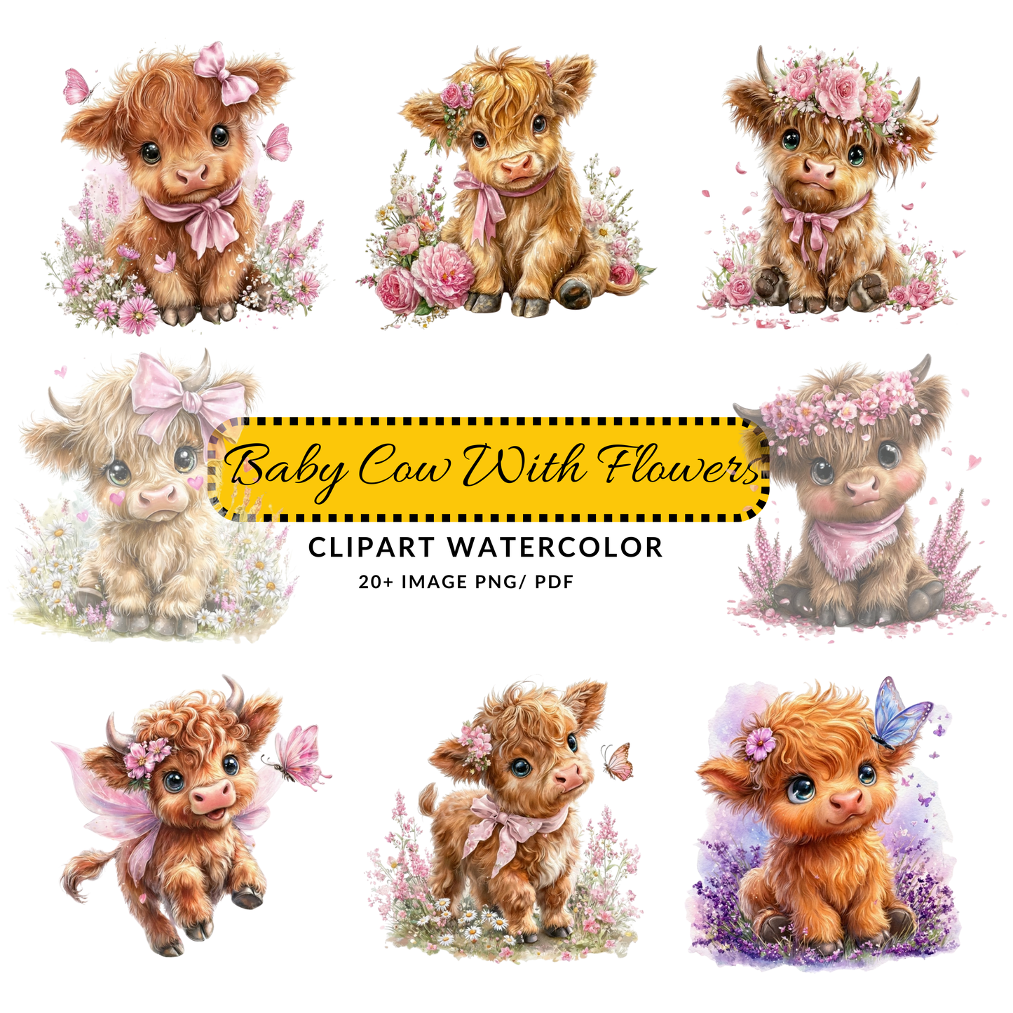 Cute Highland Cow Clipart PNG | Baby Cow with Pink Bow Digital Download | Floral Nursery Art Set