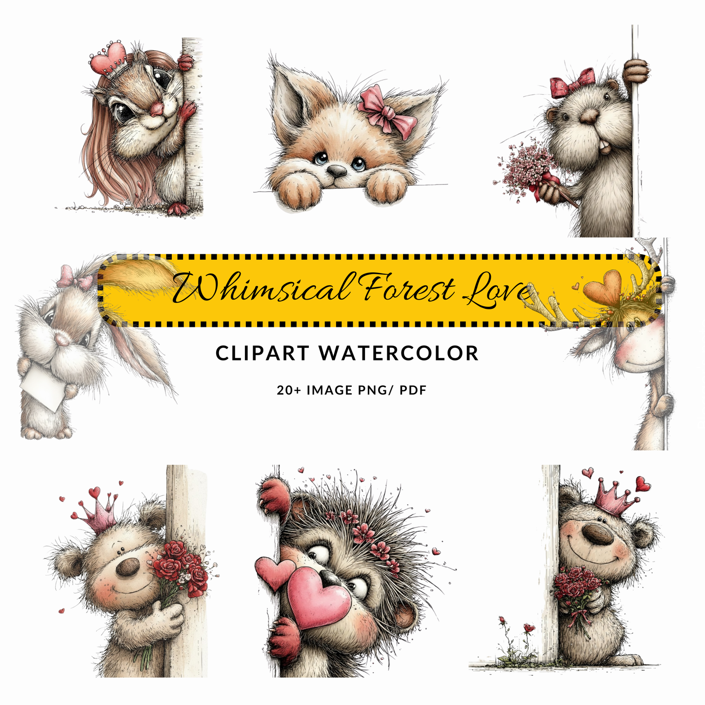 Valentine Woodland Animal Clipart JPG | Cute Bear with Crown and Heart | Digital Download