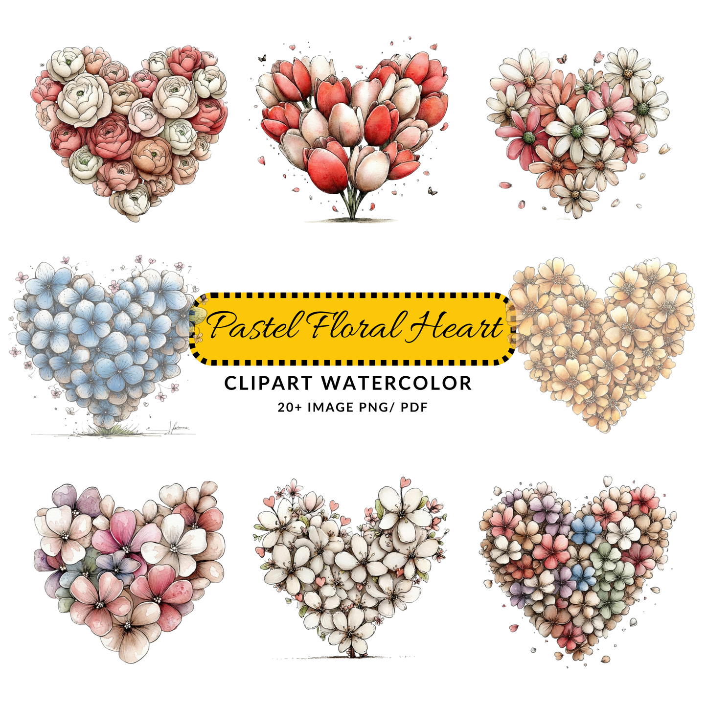 Floral Heart Clipart | Whimsical Flower Heart JPG Bundle | Valentine Digital Download