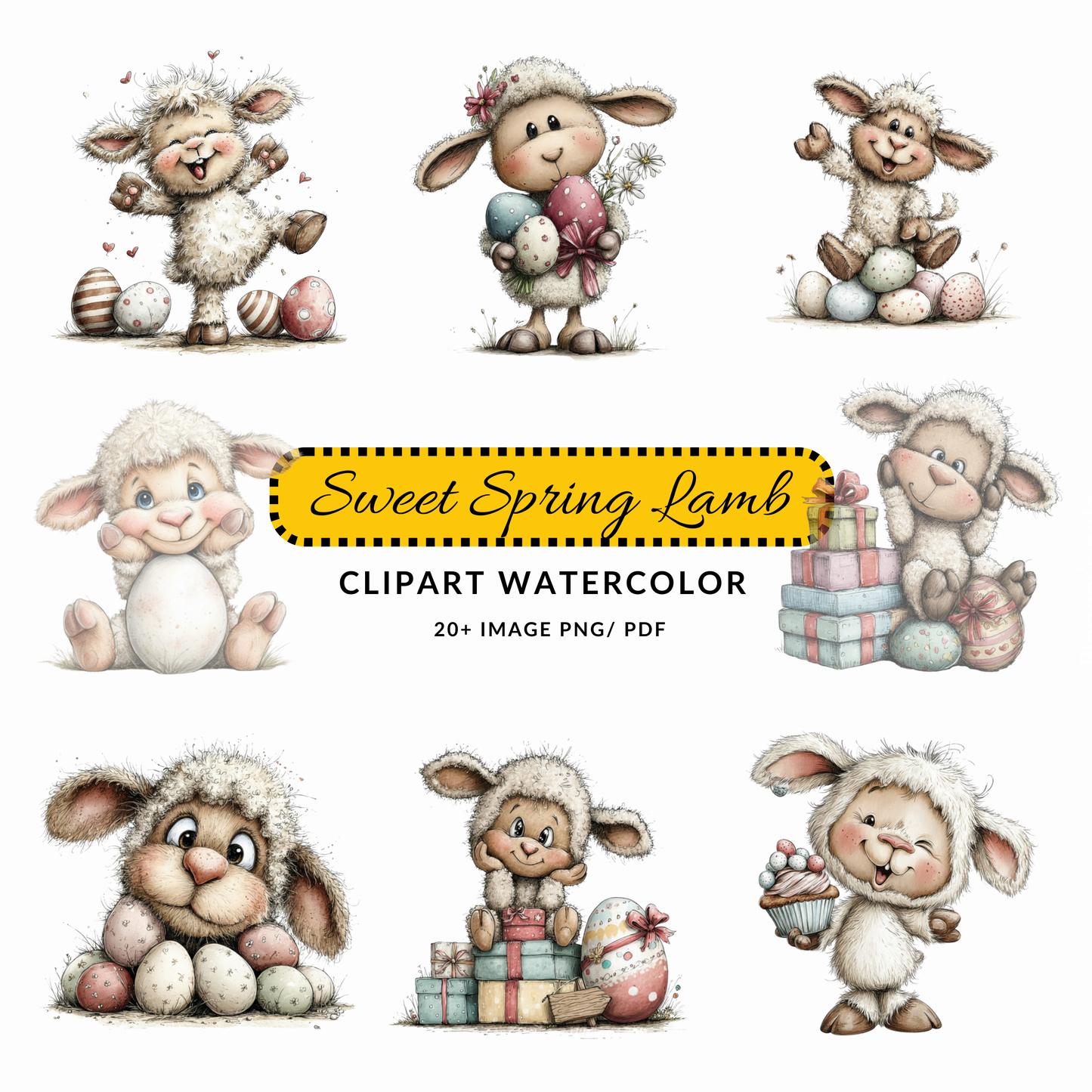 Easter Lamb Clipart JPG | Cute Whimsical Lamb with Eggs | Digital Download