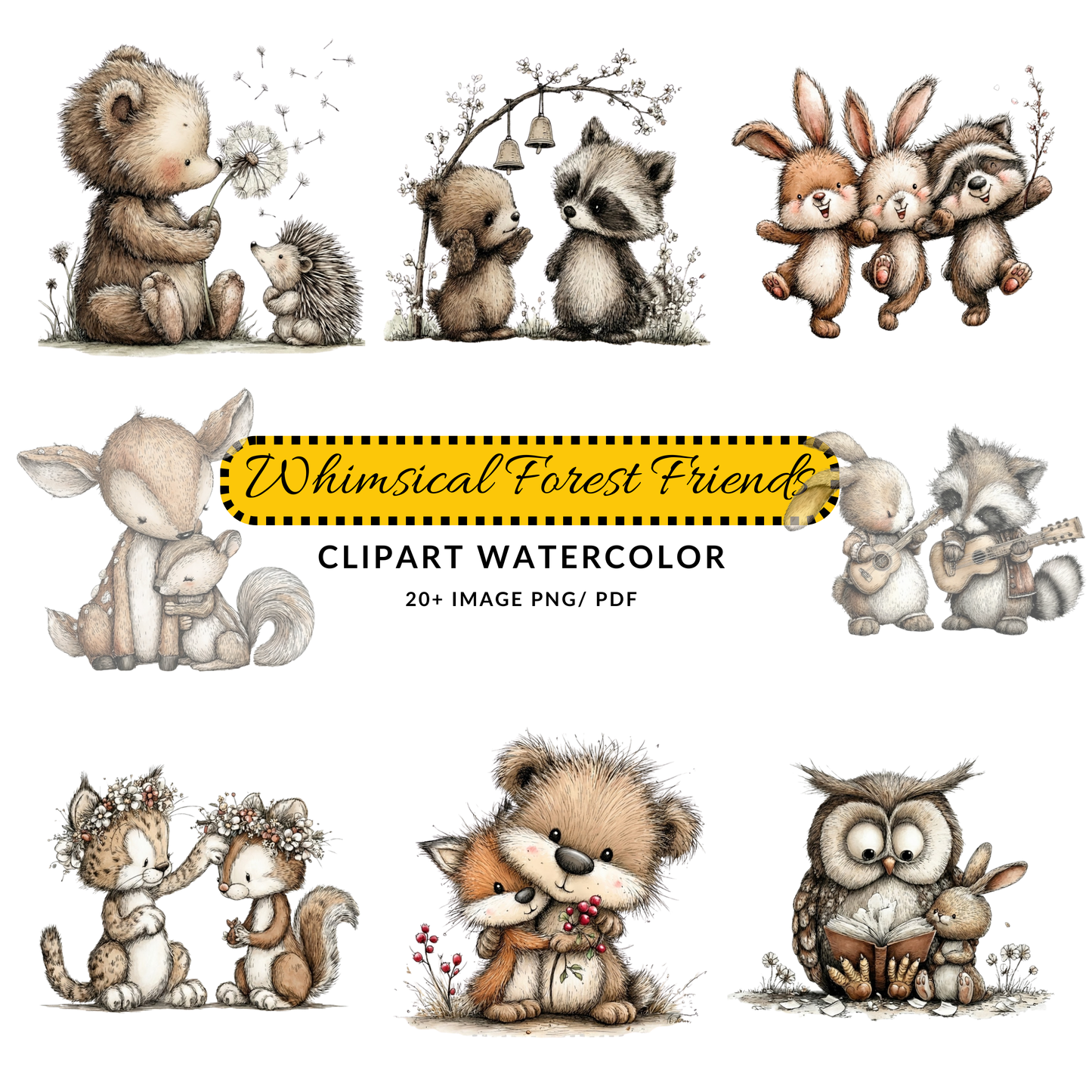 Woodland Friends Watercolor Clipart | Cute Bear & Hedgehog JPG Set | Nursery Decor Digital Download