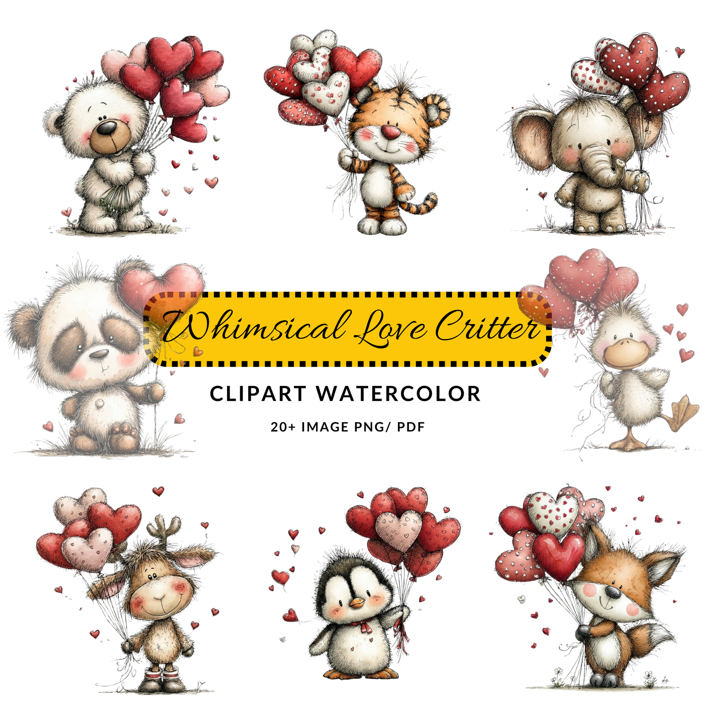 Valentine Animal Clipart JPG | Cute Bear with Heart Balloons | Digital Download