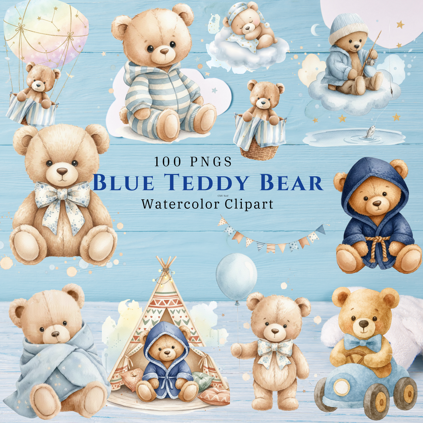 Baby Teddy Bear PNG Clipart Set | Blue Watercolor Bears | 100 Cute Nursery Graphics Digital Download