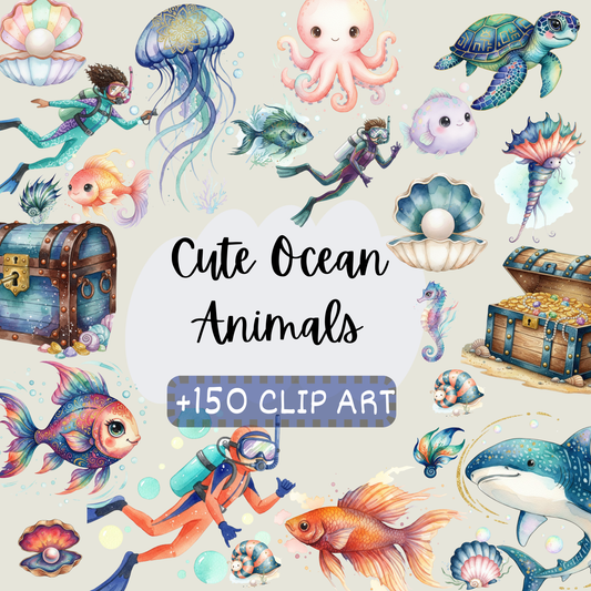Cute Sea Animals Watercolor Clipart | Whale Octopus Jellyfish PNG Bundle | Digital Download