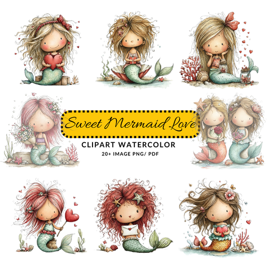Cute Mermaid Valentine Clipart | Whimsical Love Mermaid JPG Bundle | Digital Download