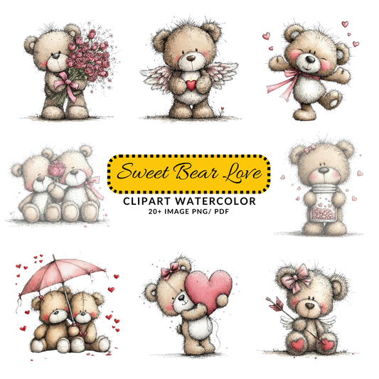 Cute Teddy Bear Clipart | Watercolor Bear with Roses JPG Bundle | Valentine Love Digital Download