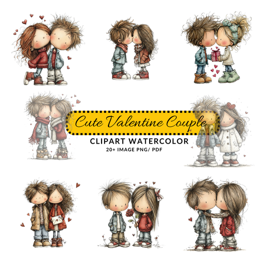 Valentine Couple Clipart | Cute Romantic JPG Bundle | Whimsical Love Art Digital Download