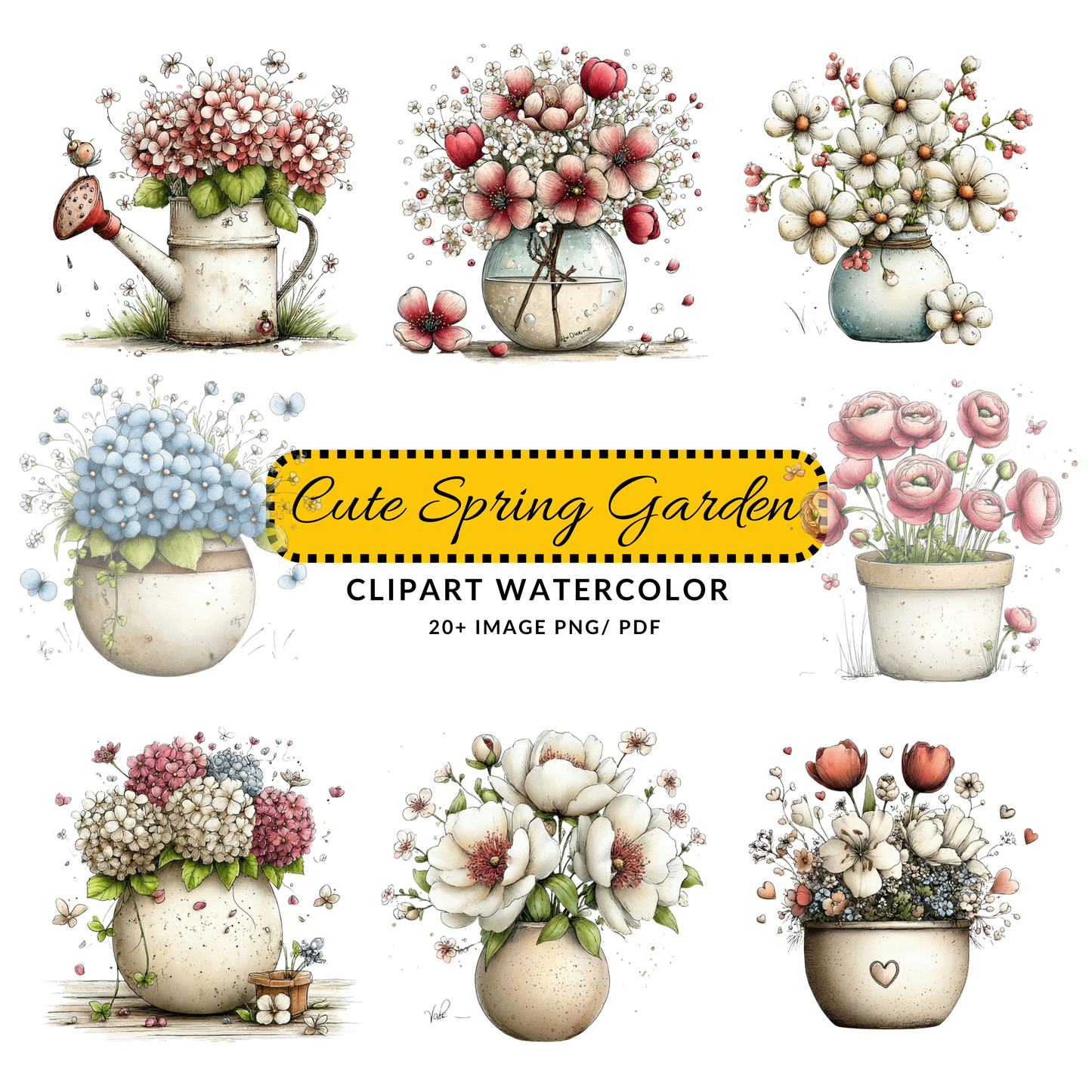 Watercolor Spring Flower Clipart | Whimsical Floral Watering Can JPG Set | Digital Download