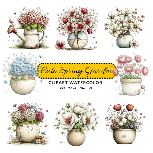 Watercolor Spring Flower Clipart | Whimsical Floral Watering Can JPG Set | Digital Download