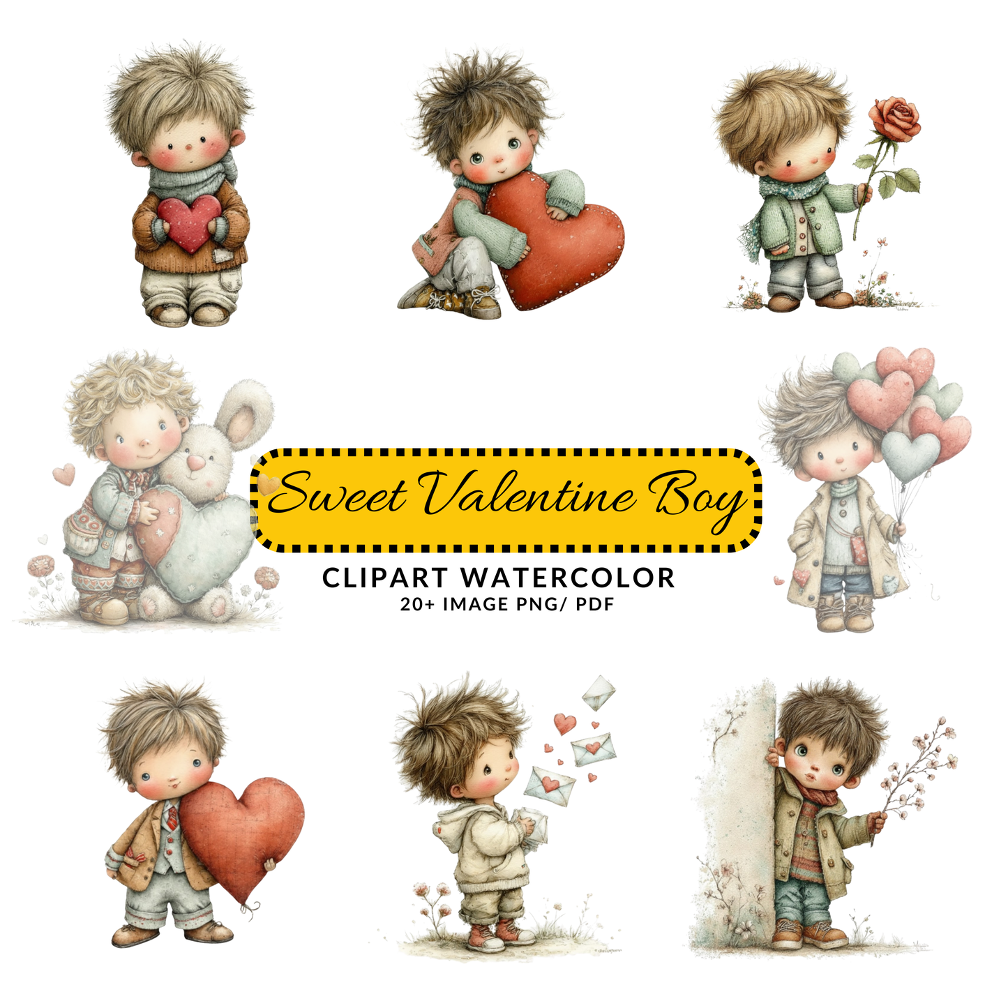 Watercolor Valentine Boy Clipart | Cute Heart Character JPG Bundle | Digital Download