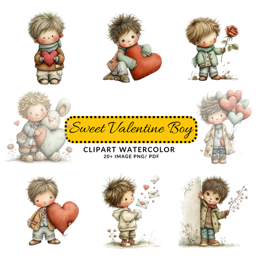 Watercolor Valentine Boy Clipart | Cute Heart Character JPG Bundle | Digital Download