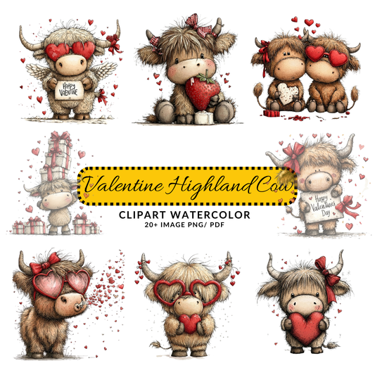 Cute Valentine Highland Cow Clipart | Whimsical Love Cow JPG Bundle | Digital Download