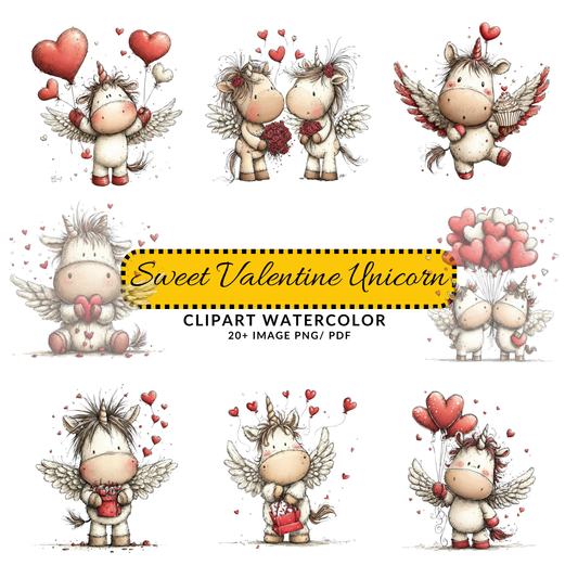 Watercolor Valentine Unicorn Clipart | Cute Heart Balloon Pegasus JPG Bundle | Digital Download