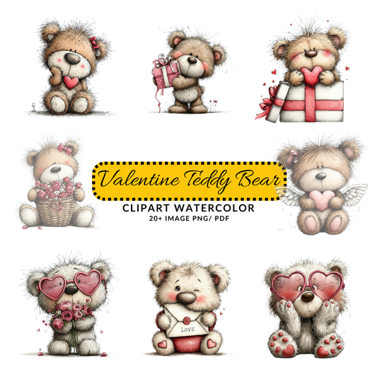 Cute Valentine Teddy Bear Clipart | Hand Drawn Bear with Heart JPG Bundle | Digital Download