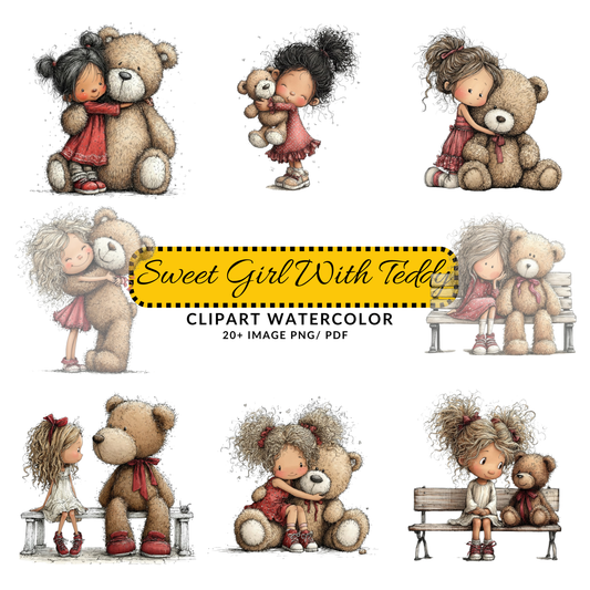 Cute Girl Hugging Teddy Bear Clipart | Hand Drawn JPG Set | Sweet Nursery Art Digital Download