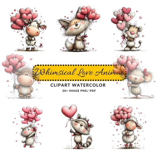 Cute Valentine Animal Clipart | Whimsical Cow with Heart Balloons JPG Set | Digital Download