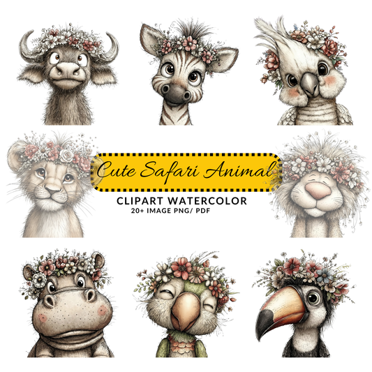 Cute Giraffe Clipart Digital Download | Baby Giraffe with Floral Crown PNG | Whimsical Nursery Animal Art Bundle