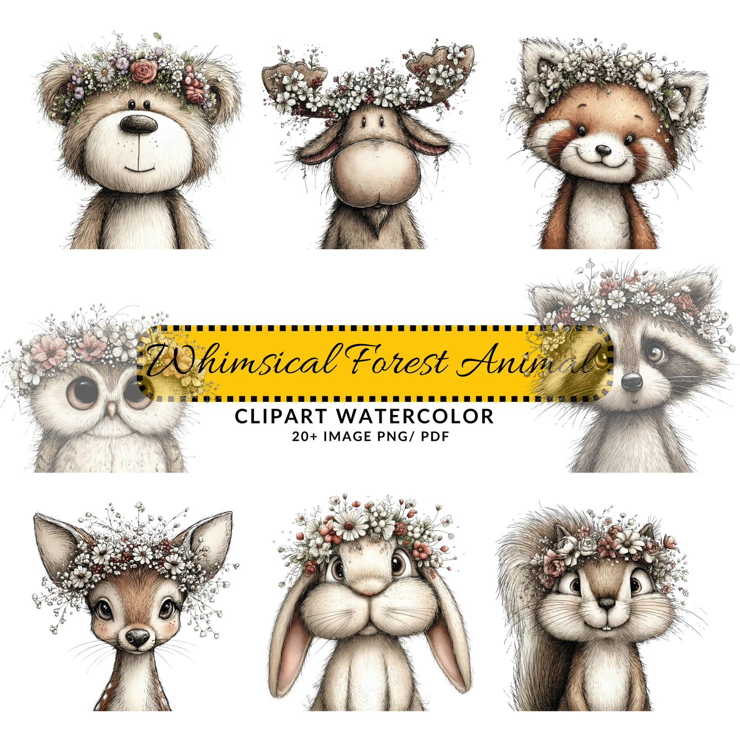 Cute Woodland Bear Clipart | Hand Drawn Animal JPG Set | Floral Crown Nursery Art Download
