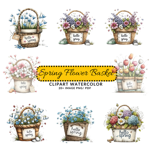 Spring Flowers Basket Watercolor Clipart | Hello Spring JPG Bundle | Floral Digital Download for Crafts