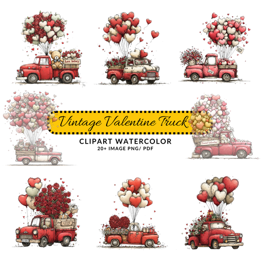 Valentine Truck Clipart PNG | Cute Teddy Bear & Heart Balloons | Love Delivery Digital Download