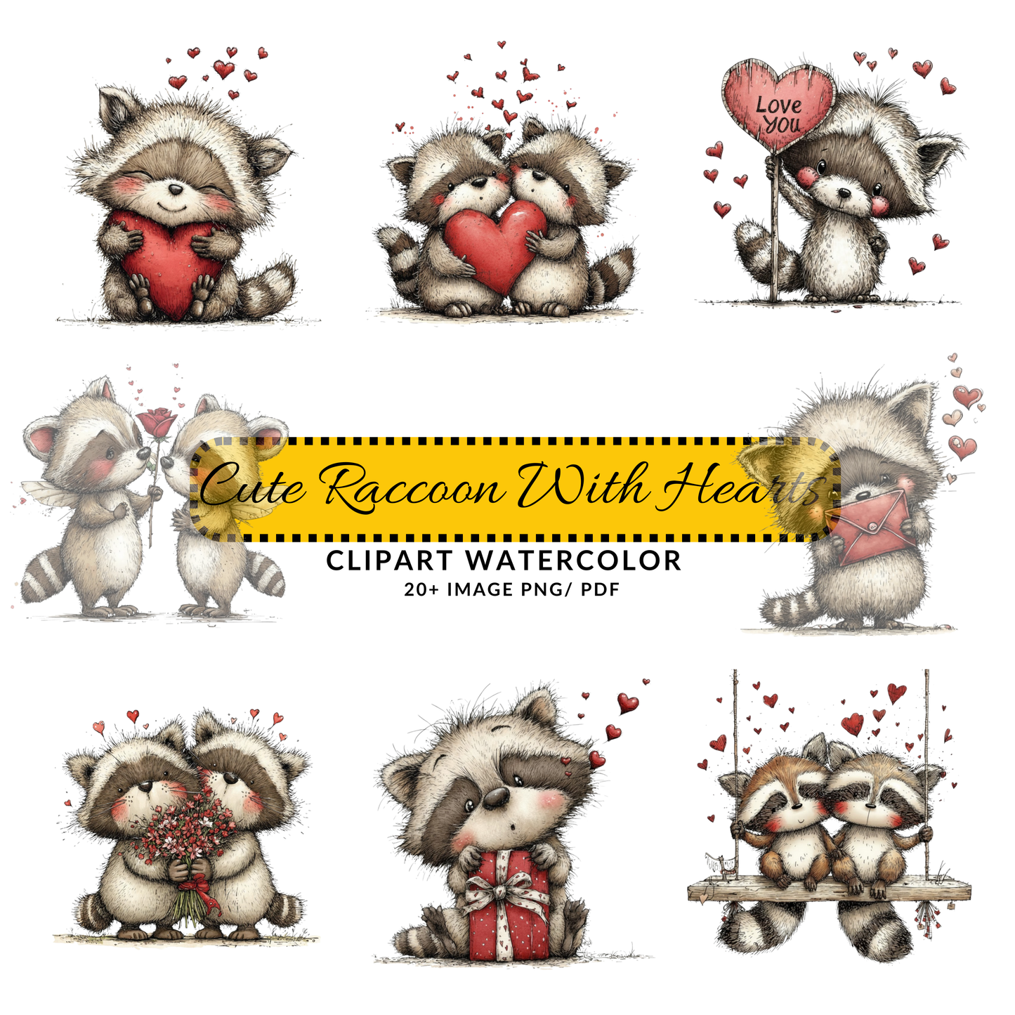 Cute Valentine Raccoon Clipart | Whimsical Heart Animal JPG | Digital Download for Crafts & Stickers