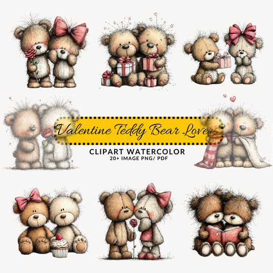 Cute Valentine Teddy Bear Clipart | Love Bear Couple JPG/PNG Bundle | Digital Download