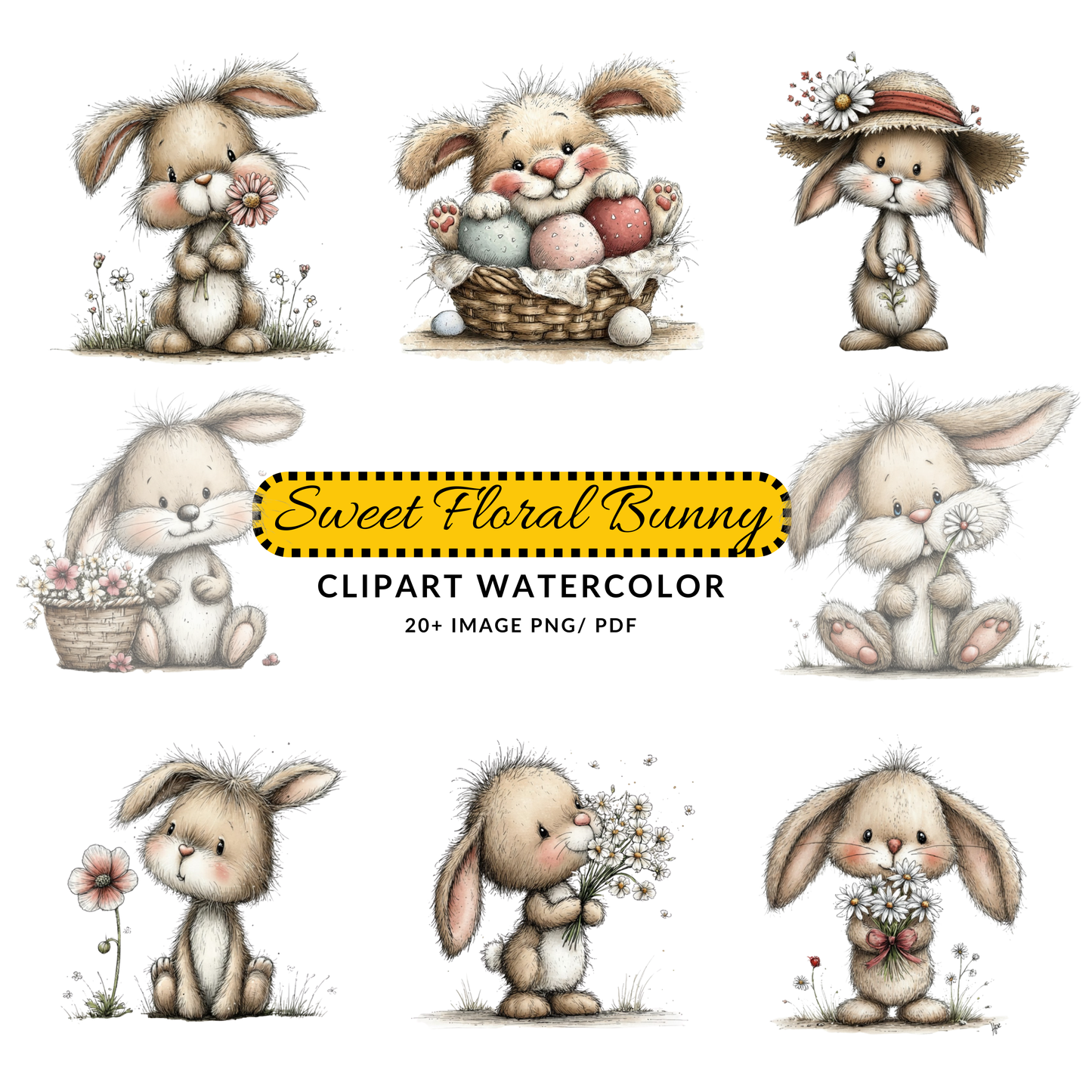 Spring Bunny Clipart JPG | Watercolor Rabbit Holding Flower | Digital Download