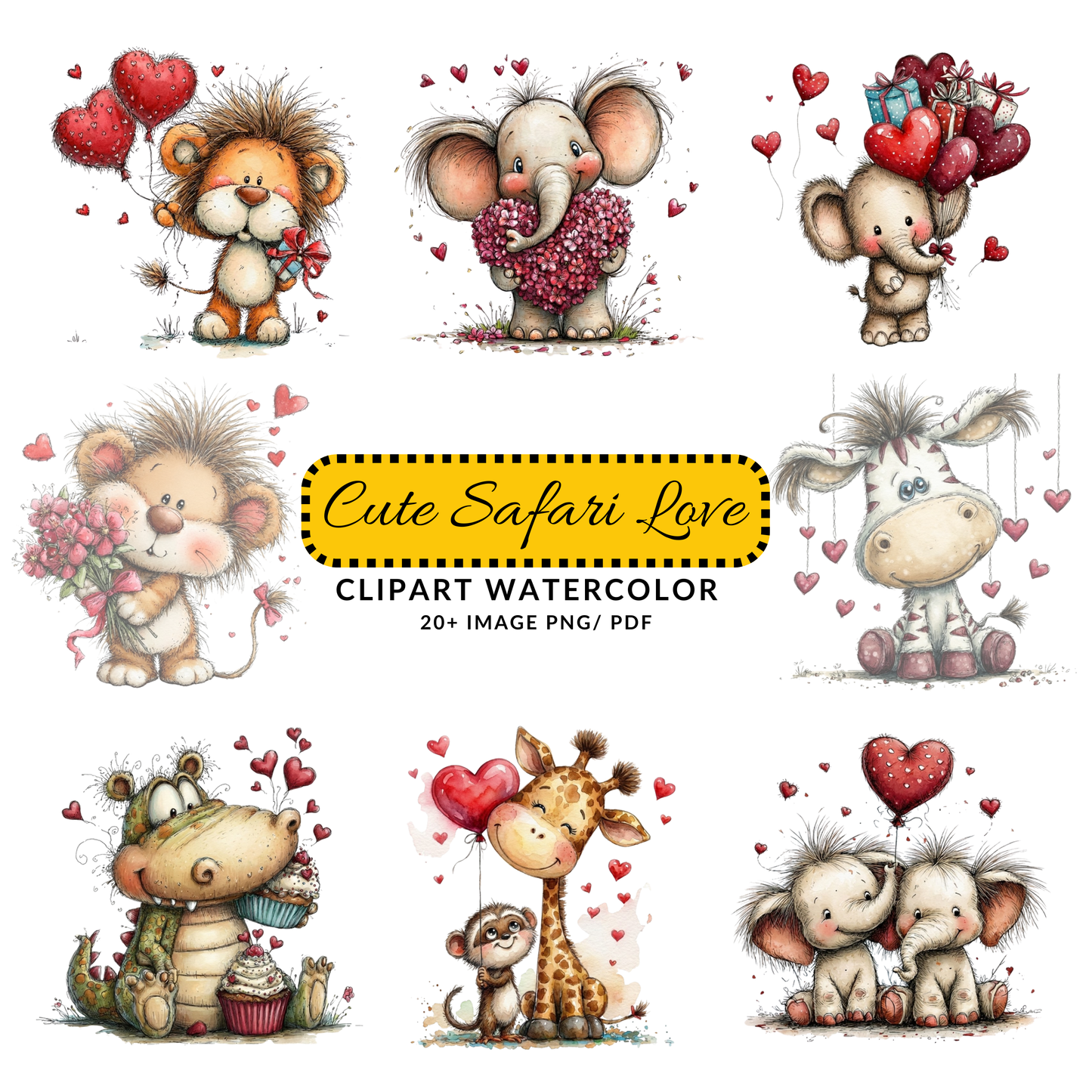 Valentine Lion Clipart JPG | Cute Safari Animal with Hearts | Whimsical Love Digital Download