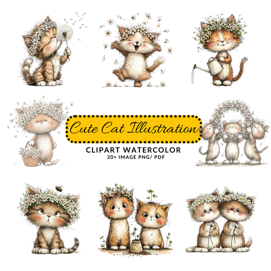 Cute Cat Clipart JPG | Whimsical Spring Kitty with Flowers | Watercolor Digital Download