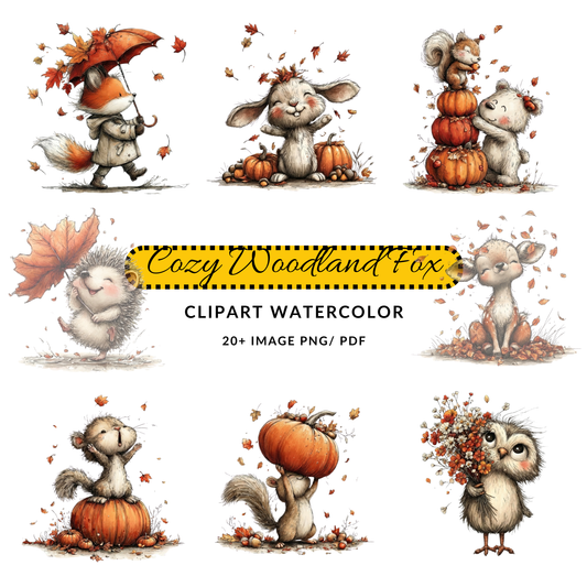Autumn Fox Watercolor Clipart | Cute Woodland Animal JPG | Fall Nursery Art Digital Download