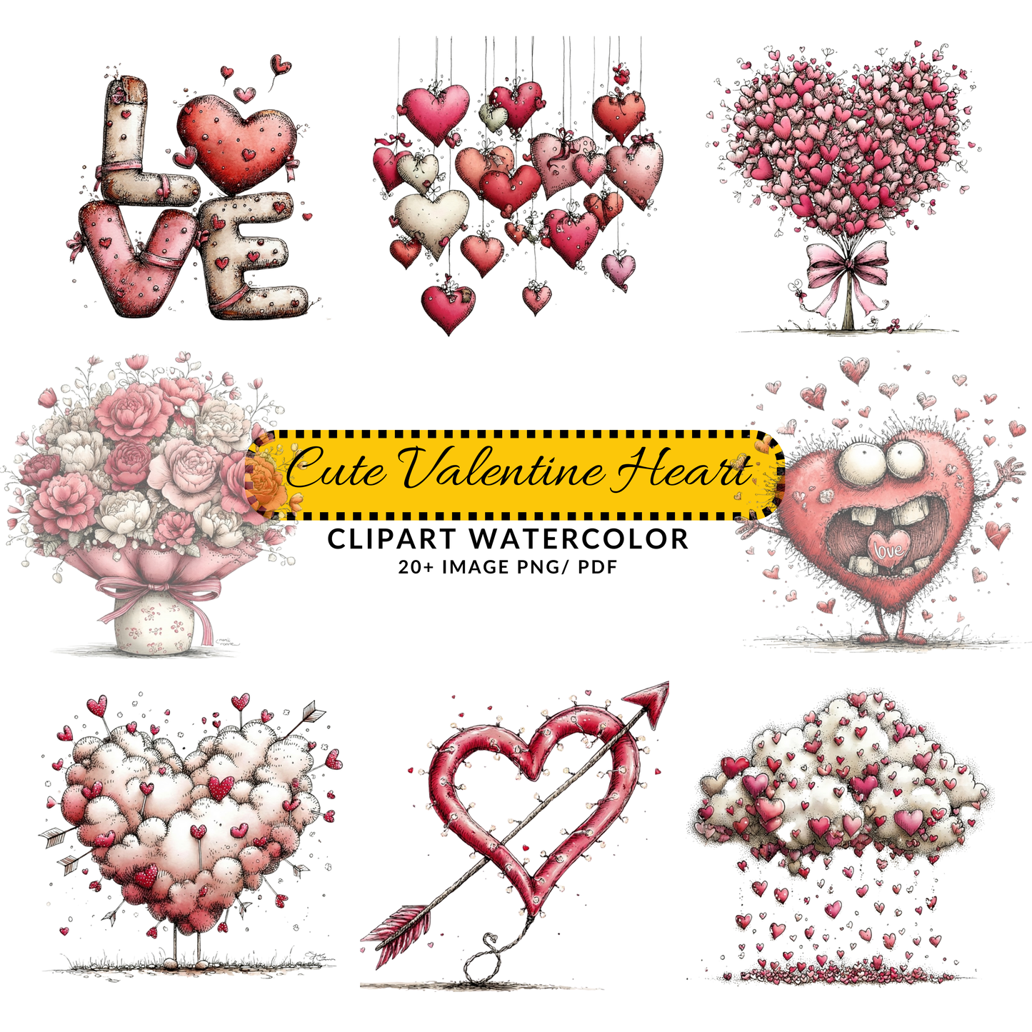 Cute Love Typography Clipart | Hand Drawn Heart Letters JPG Set | Romantic Digital Download for Crafts