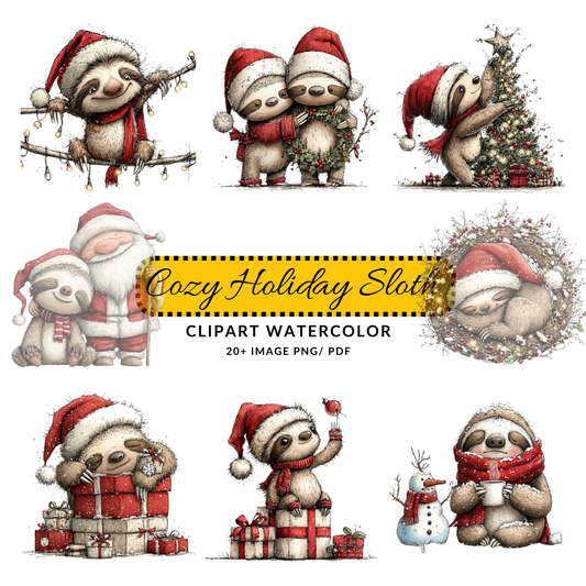Christmas Sloth Clipart JPG Bundle | Cute Hand-Drawn Holiday Sloth Art | Digital Download