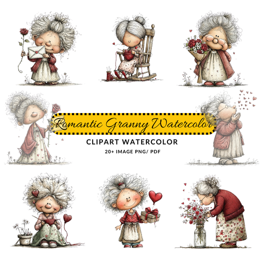 Cute Elderly Valentine Character Clipart | Grandma with Rose JPG Bundle | Romantic Hand Drawn Art Download