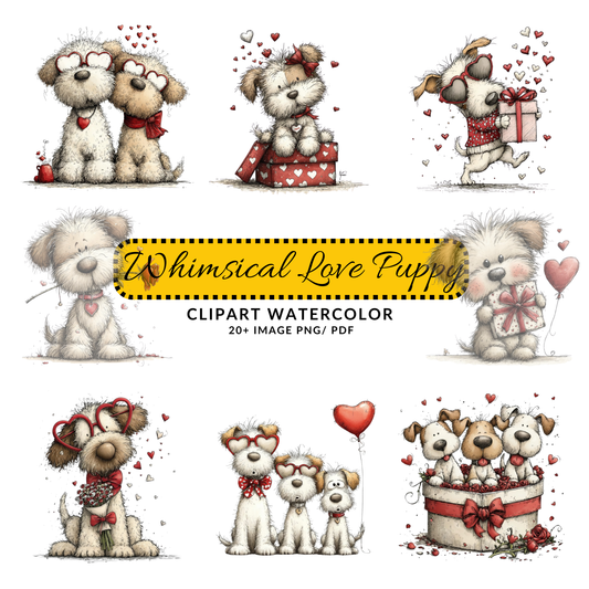 Valentine Dogs Clipart | Cute Love Puppies JPG Bundle | Whimsical Romantic Animals Digital Download