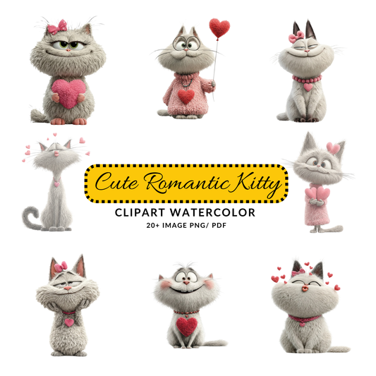 Cute Valentine Cat Clipart | Fluffy Kitty Holding Heart JPG | Whimsical Love Digital Download