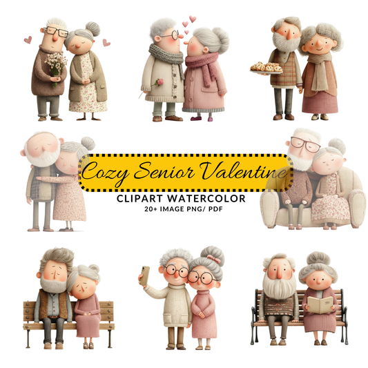 Cute Old Couple Love Clipart | Romantic Senior Characters JPG Set | Valentine Art Digital Download