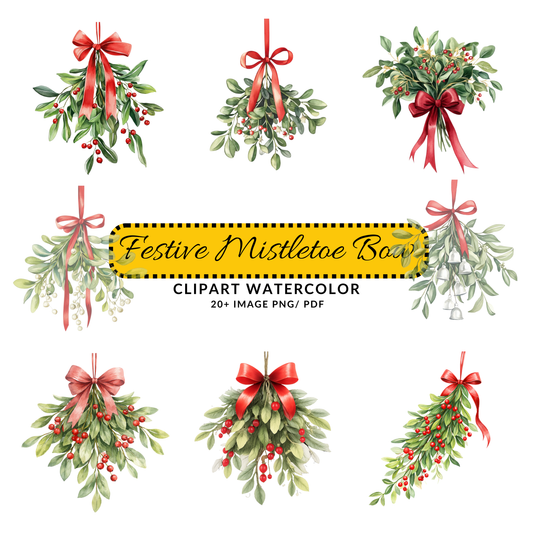 Watercolor Christmas Mistletoe Clipart | Red Bow Holiday JPG Set | Festive Digital Download