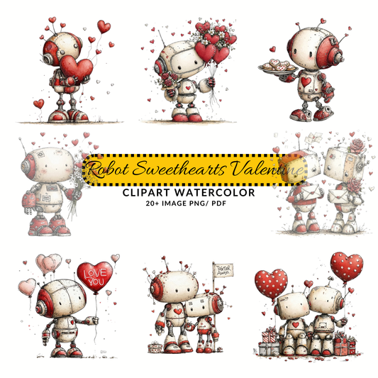 Cute Robot Valentine Clipart | Robot Holding Heart JPG Bundle | Romantic Digital Download