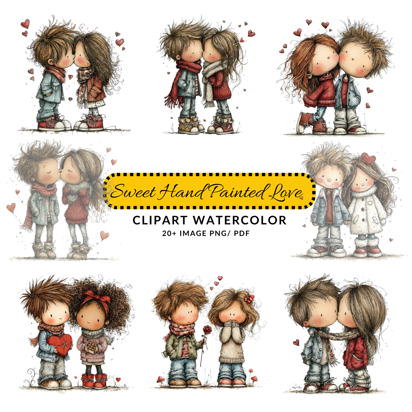 Valentine Couple Clipart JPG | Cute Boy Girl Love Illustration | Hand Drawn Whimsical Digital Download