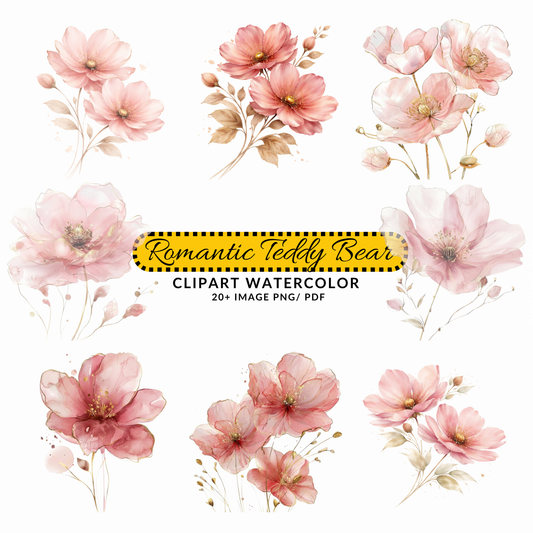 Watercolor Pink Flower Clipart | Blush Floral JPG Set | Elegant Botanical Art Instant Download