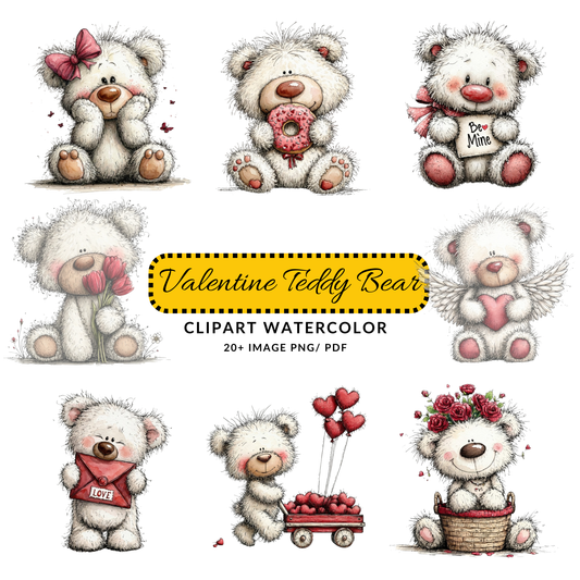 Cute Valentine Bear Clipart JPG | Teddy Bear Love Illustration | Watercolor Digital Download