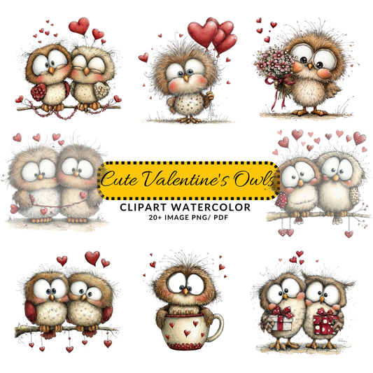 Valentine Owls Clipart | Cute Love Owl PNG Bundle | Whimsical Romantic Bird Clipart Digital Download