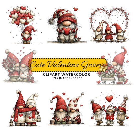 Valentine Gnome Clipart | Whimsical Heart Balloon JPG Set | Cute Love Gnome Digital Download