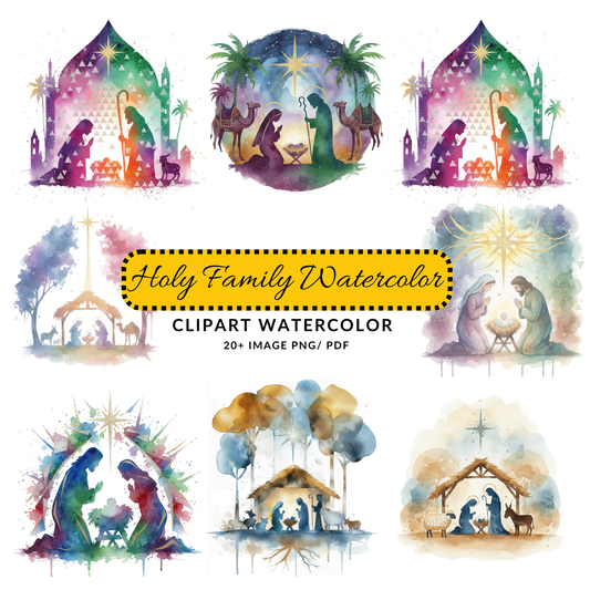 Nativity Scene Watercolor Clipart | Holy Family JPG Set | Christmas Art Digital Download