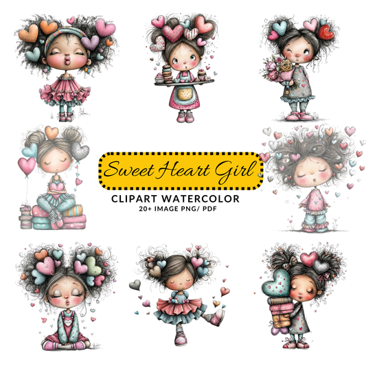 Cute Valentine Girl Clipart | Pastel Hearts Character Art JPG Bundle | Digital Download