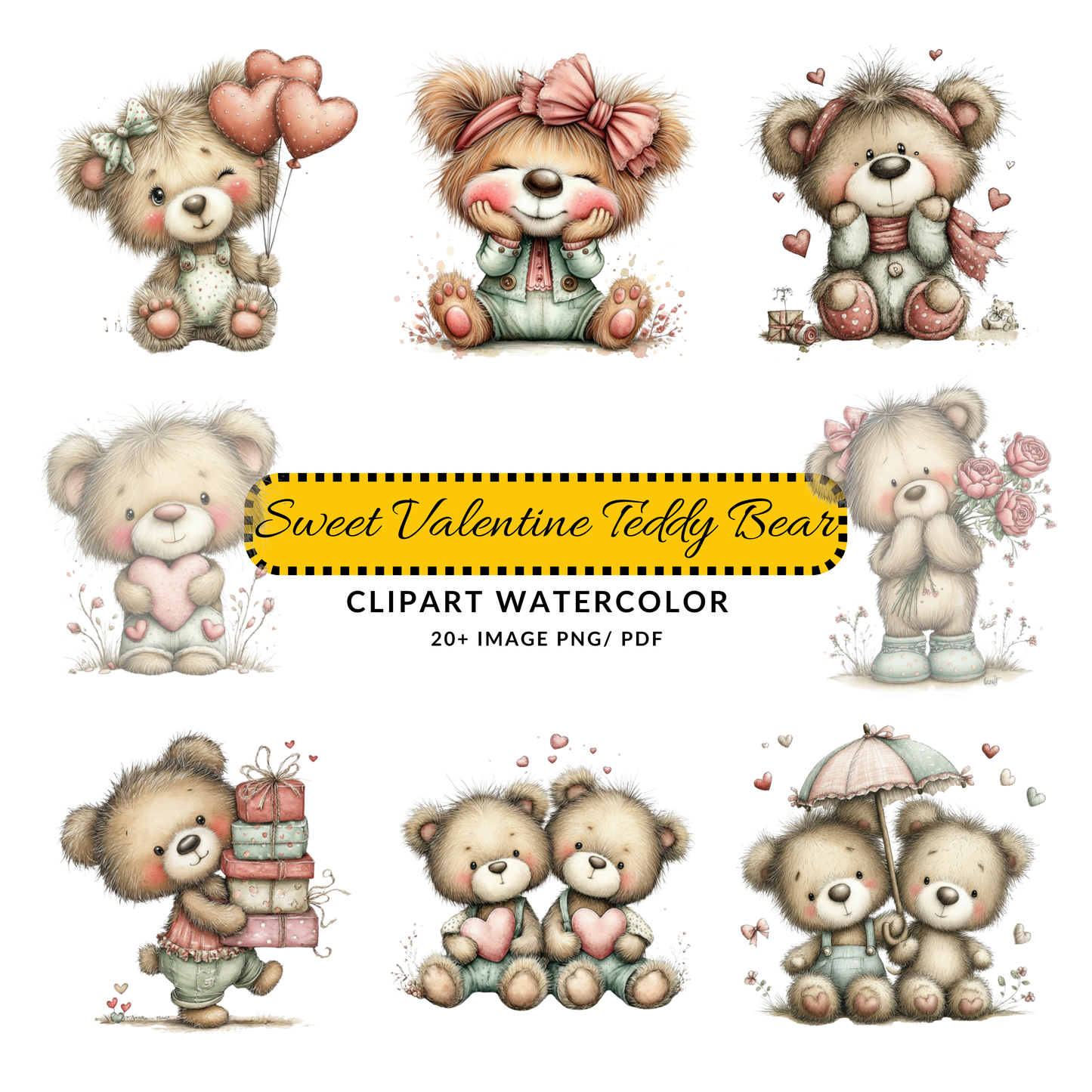 Valentine Teddy Bear Clipart JPG | Cute Bear with Heart Balloons | Whimsical Digital Download